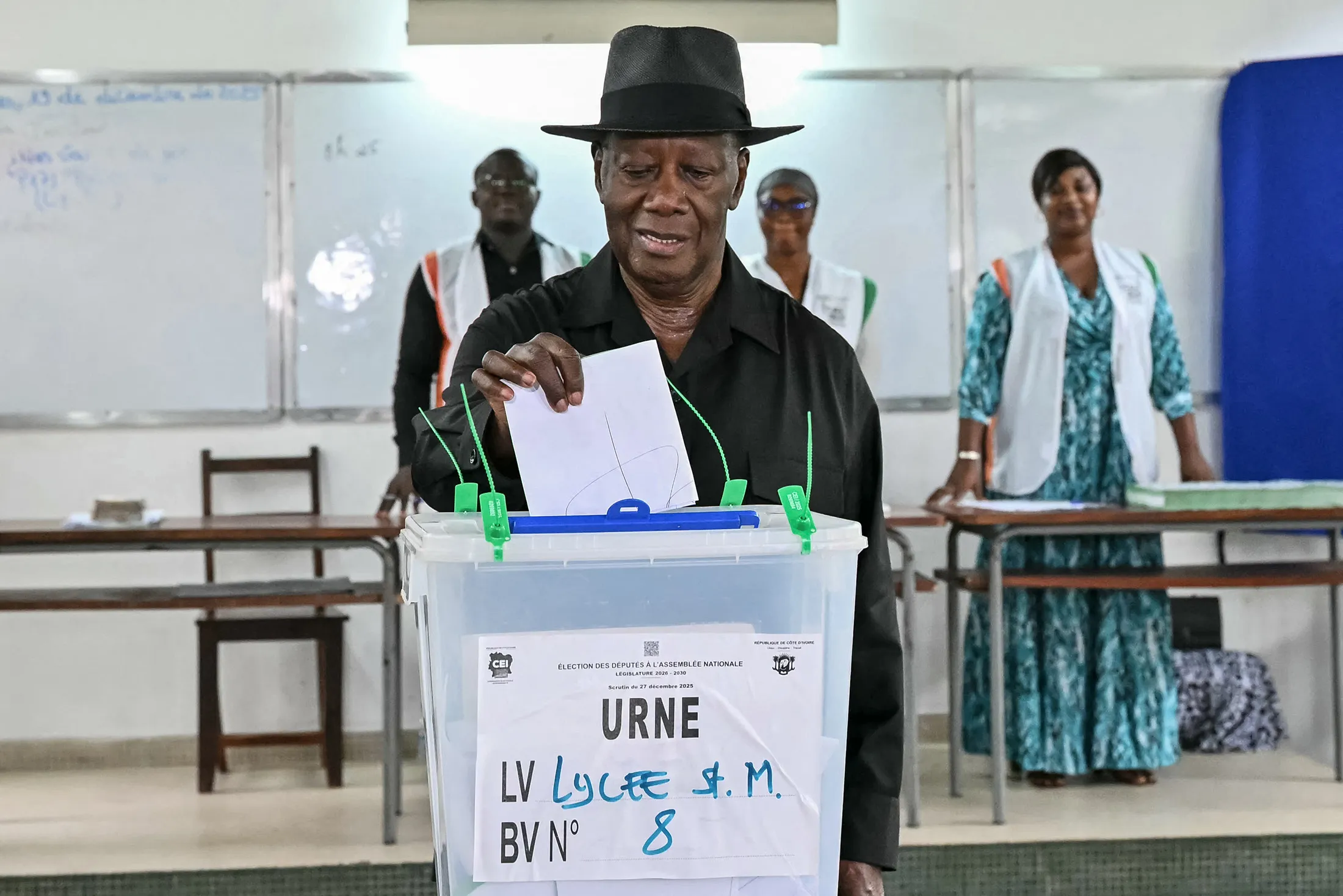 Ivory Coast's President Alassane Ouattara casts a ballot at a polling station&nbsp;in Cocody, Abidjan, on Dec.&nbsp;27.