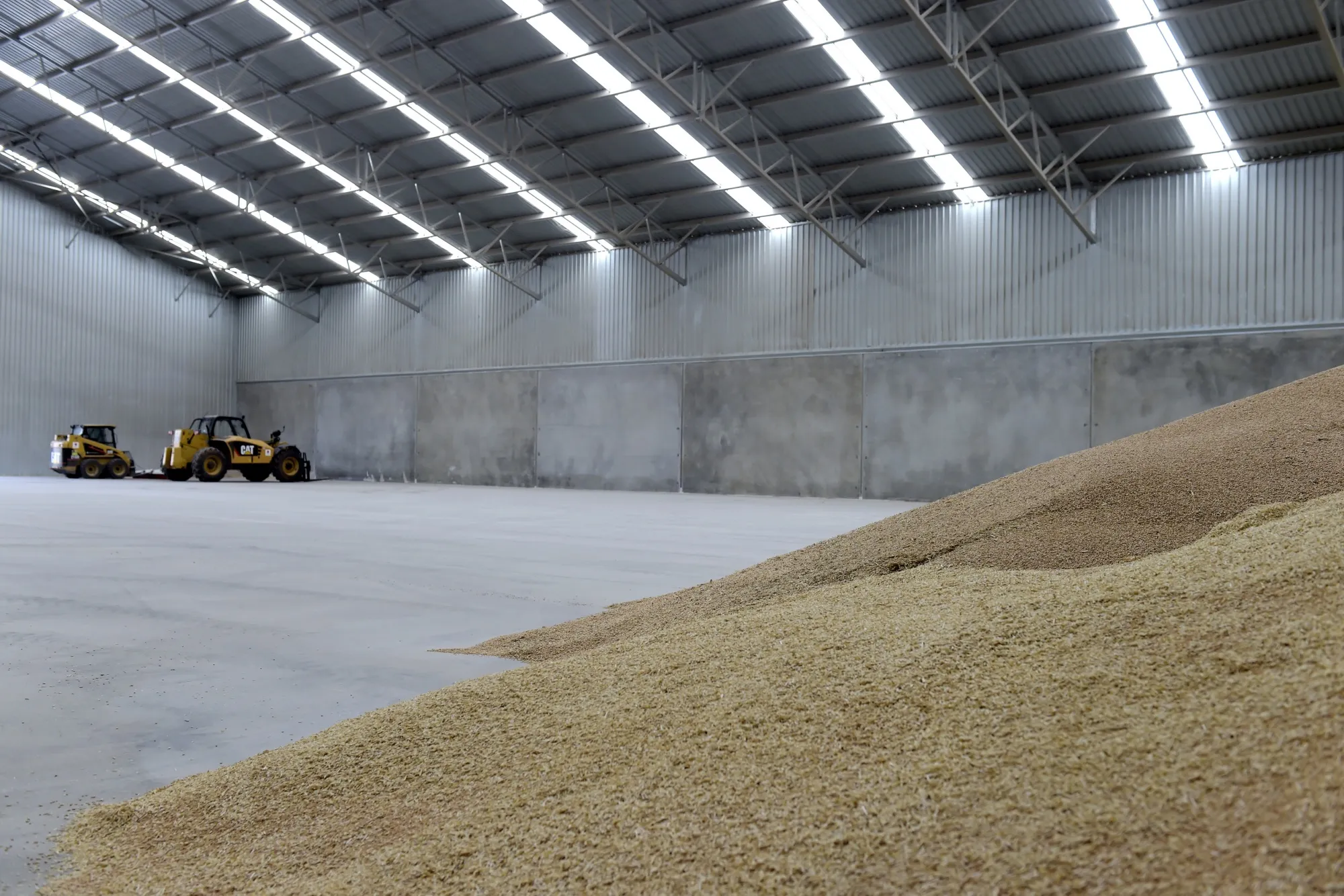 A stockpile of wheat in a warehouse.