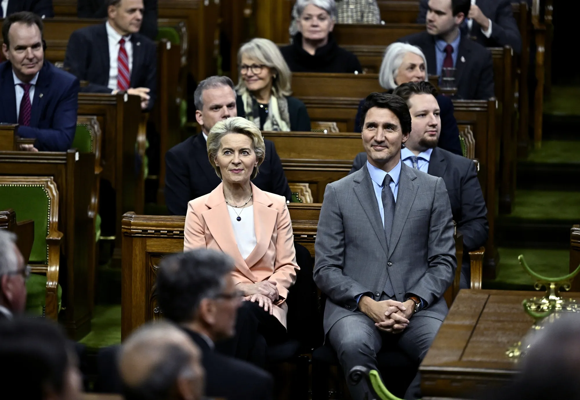 Ursula von der Leyen, president of the European Commission, left, with Justin Trudeau, Canada’s prime minister, on Parliament Hill in Ottawa, Canada in 2023. The European Union and Canada on Wednesday promptly retaliated against Donald Trump’s latest tariff volleys, escalating his now-global trade war.