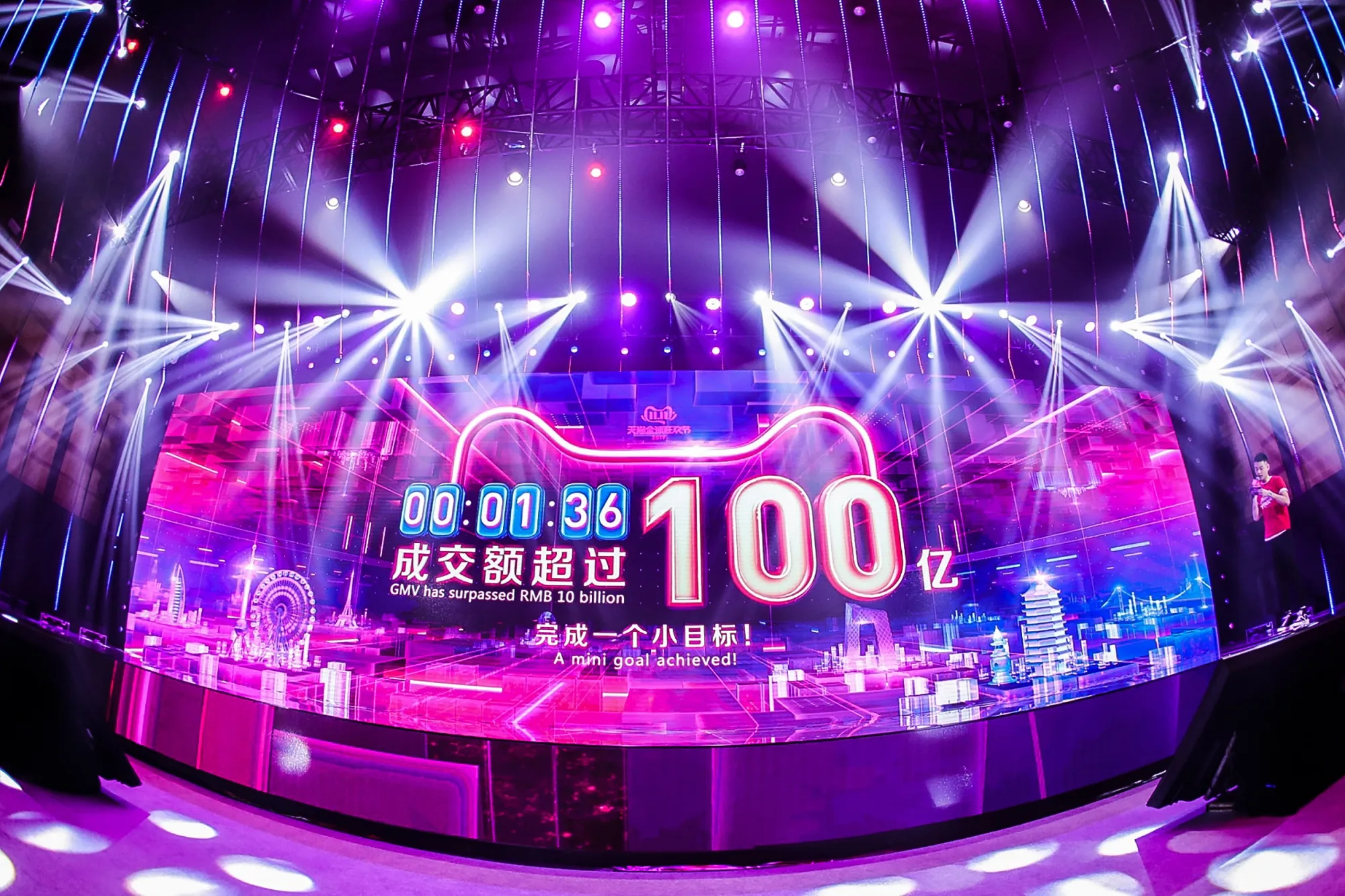 A screen shows the gross merchandise volume, a measure of sales, after 1 minute and 36 seconds of Singles Day sales in Hangzhou, in China’s eastern Zhejiang province, in 2019.