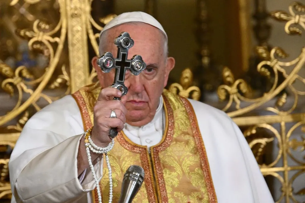 Pope Francis blesses believers during his visit in Budapest, Hungary, April 29.