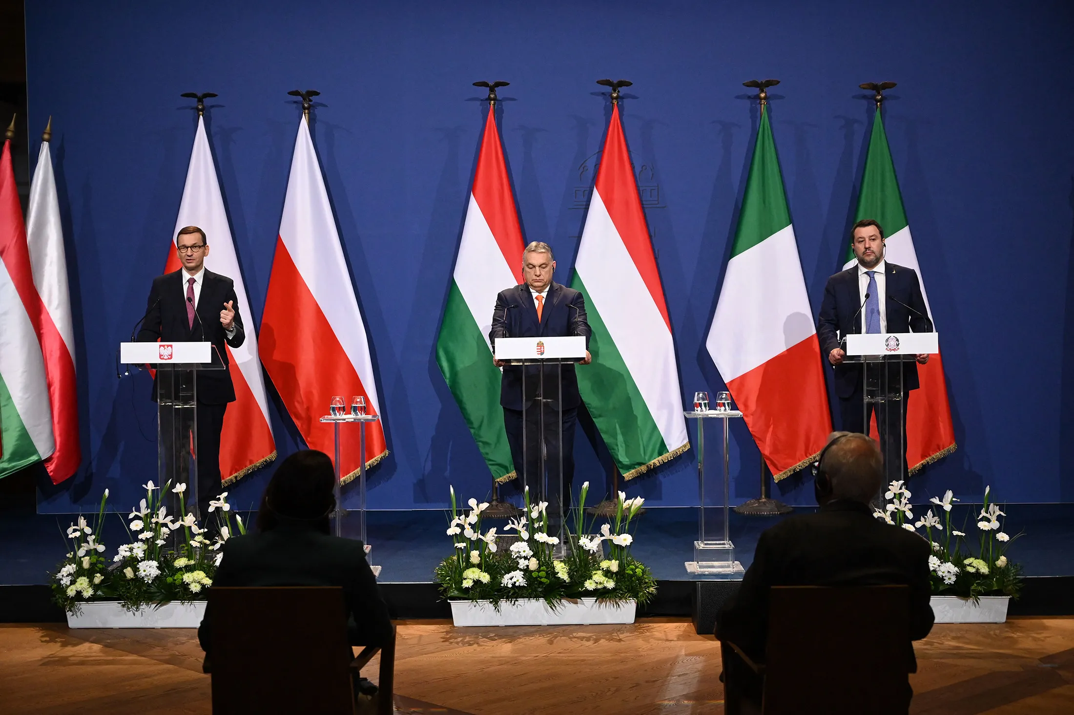 Mateusz Morawiecki, from left, Viktor Orban and Matteo Salvini address a press conference after talks in Budapest on April 1.