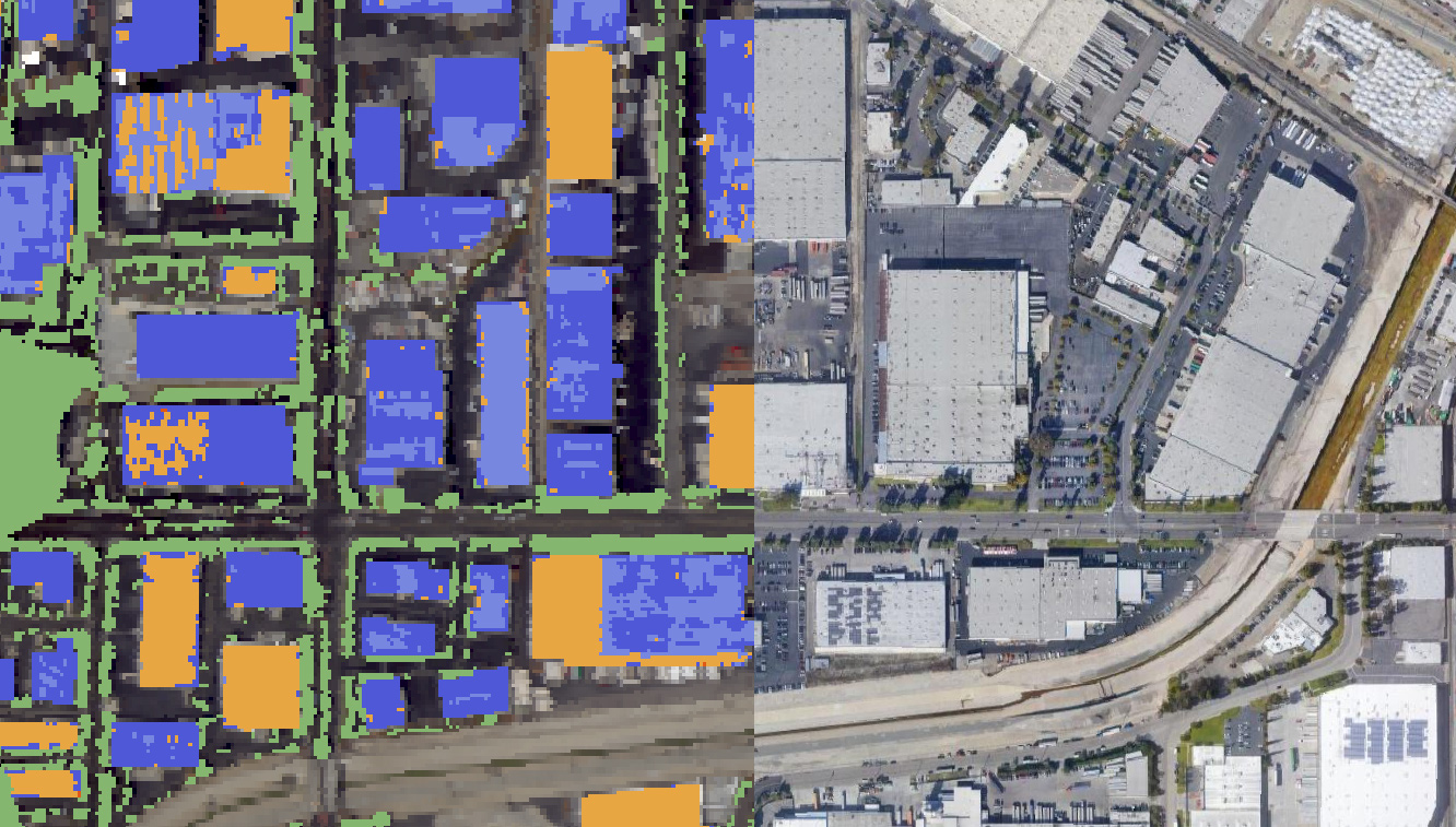 A hyperspectral satellite image from HySpecIQ, left, differentiates material types and conditions, compared to a typical satellite image, right. Roofs shown in orange are made of PVC, and blue is Bitumen.