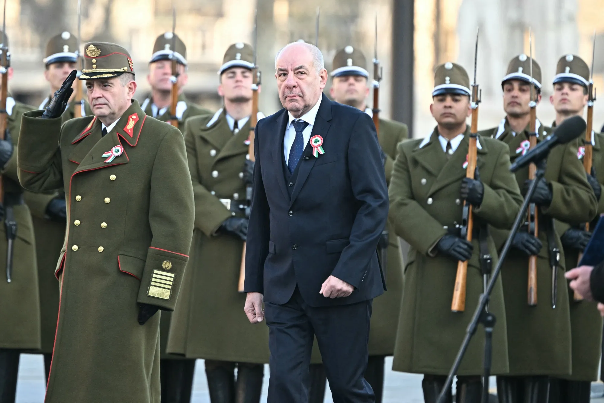 Hungarian President Tamas Sulyok, center, inspects a military honor guard&nbsp;on March 15.