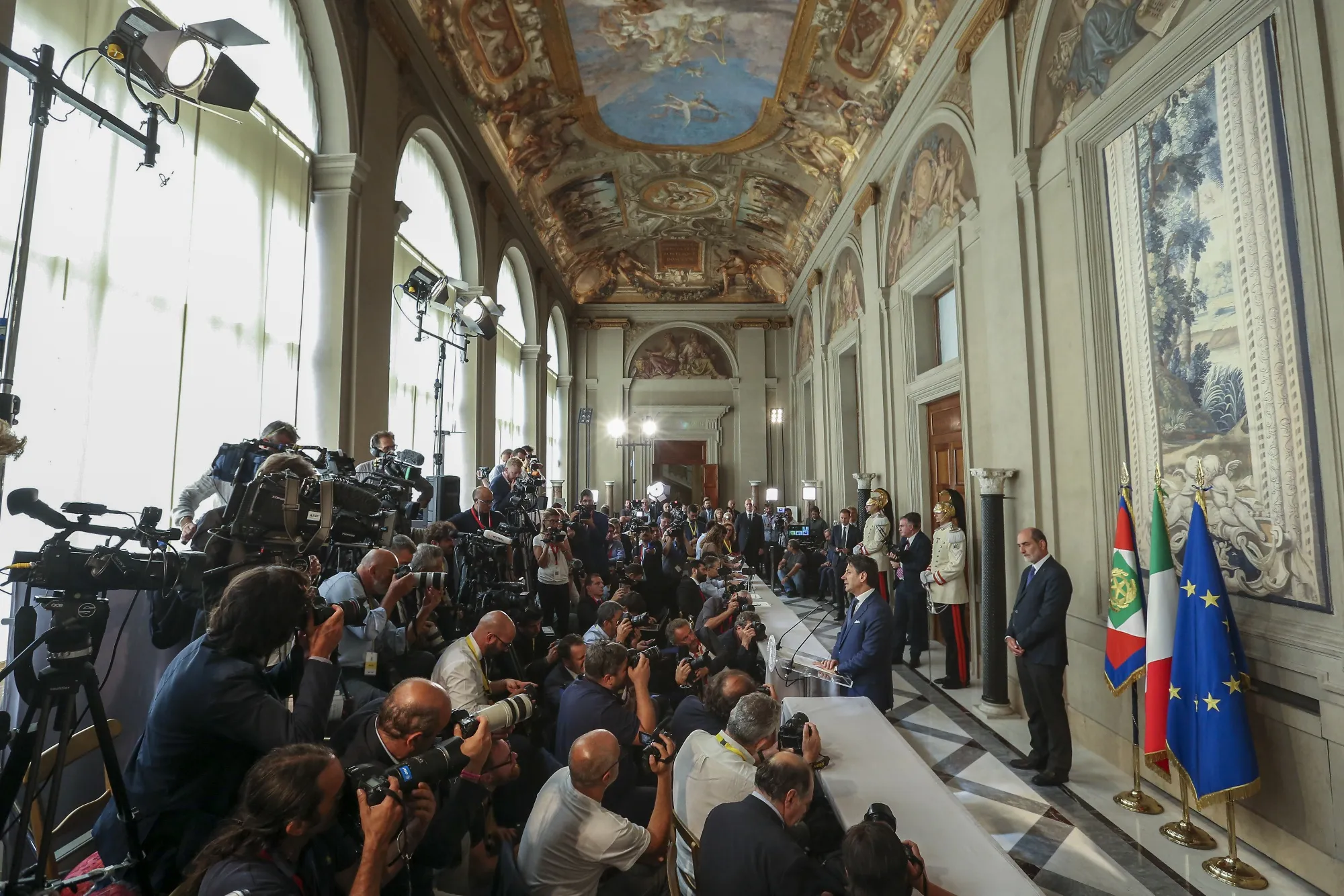 Giuseppe Conte speaks in Rome on Aug. 29.