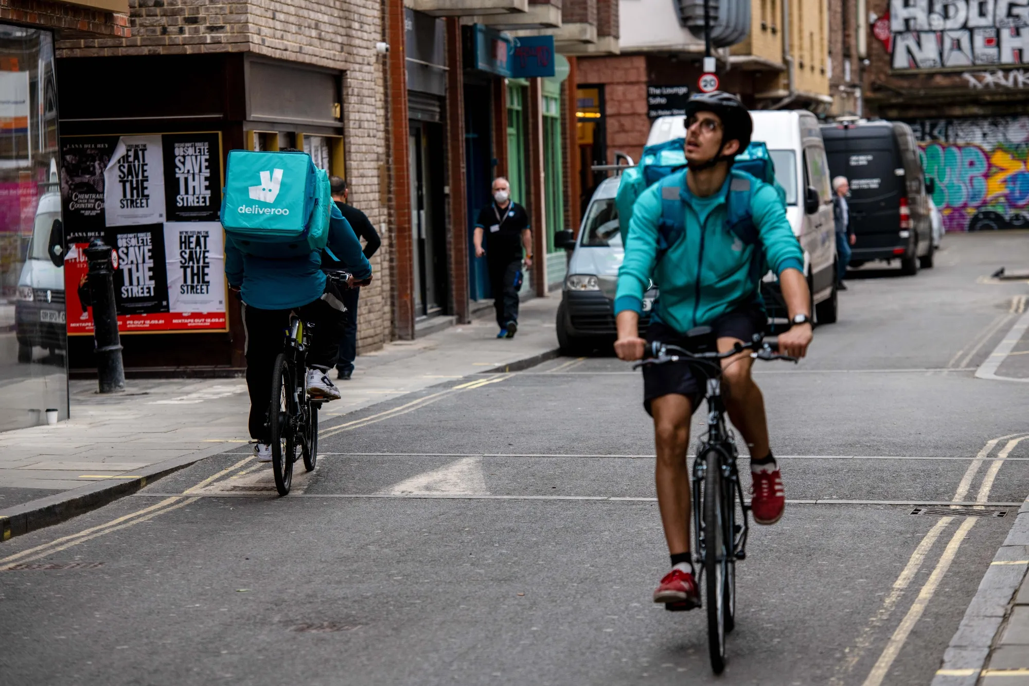 Food delivery couriers for Deliveroo Holdings Plc fulfill orders in London, earlier in March.&nbsp;