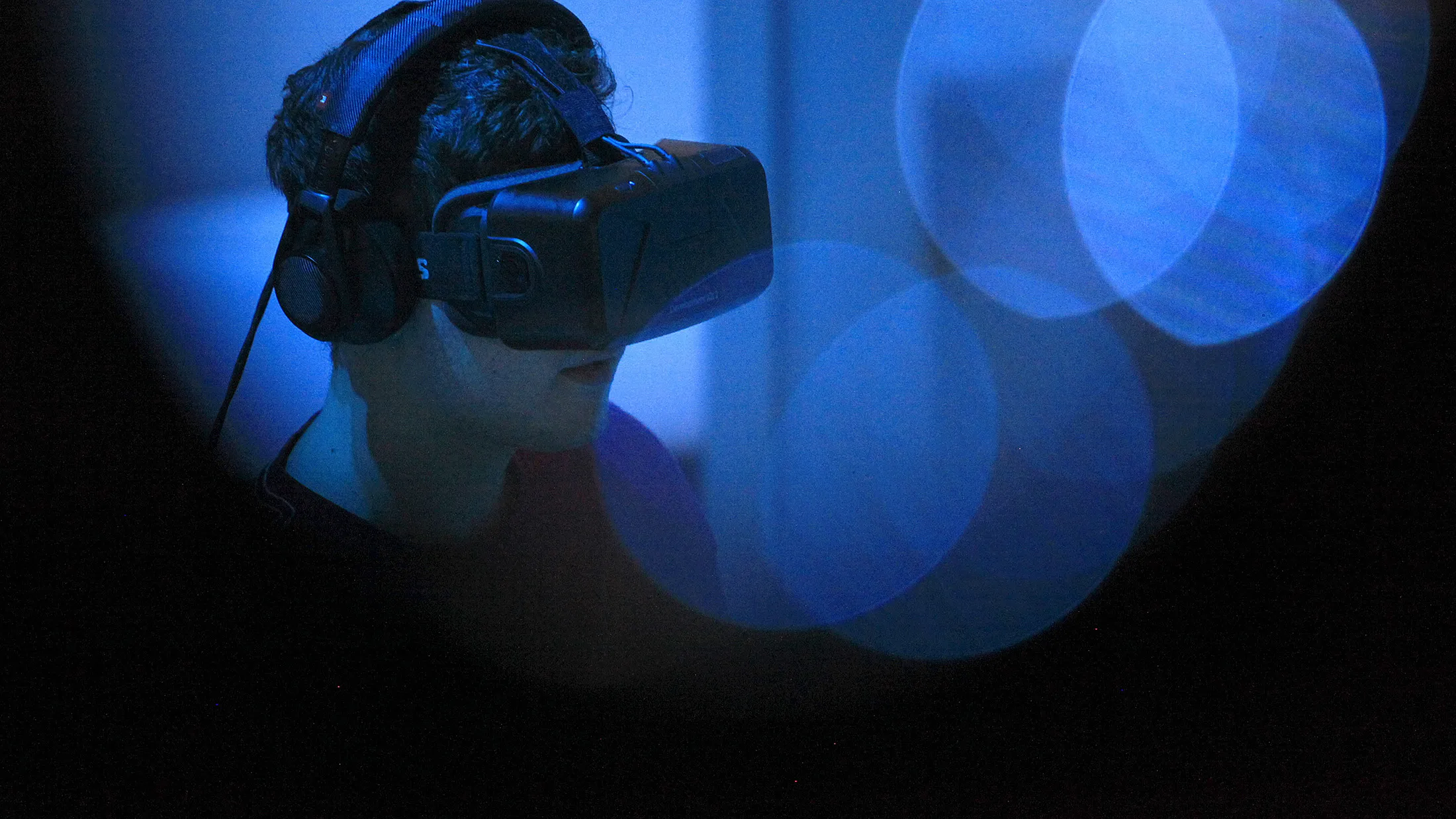 An Oculus virtual reality headset.
