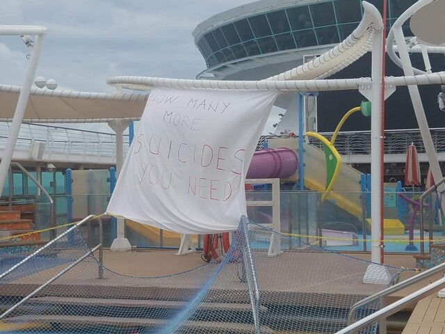 A protest on the deck of the Majesty of the Seas in May.