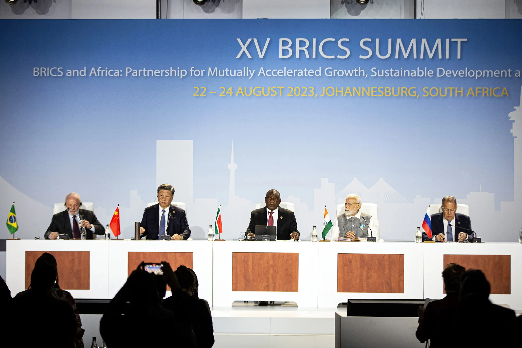 World leaders during the BRICS Summit in Johannesburg, South Africa, on Aug. 24, 2023.