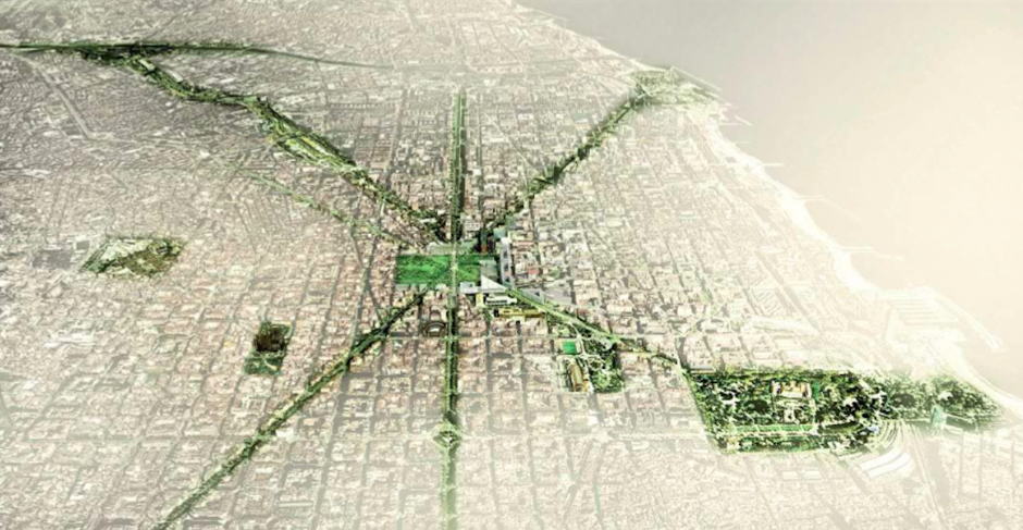 A rendering of Barcelona's planner green corridor network, showing the enlarged park at Plaça de les Glories Catalans at its heart.