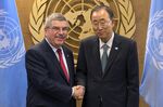 International Olympic Committee President Thomas Bach, left, shakes hands with United Nations Secretary-General Ban Ki-moon during a meeting at the United Nations headquarters Sunday, Sept. 27, 2015. The International Olympic Committee has always been political, from the sheikhs and royals in its membership to a seat at the United Nations to pushing for peace talks between the Koreas. But Russia’s invasion of Ukraine three weeks ago exposed its irreconcilable claims of “political neutrality.” (AP Photo/Kevin Hagen, File)
