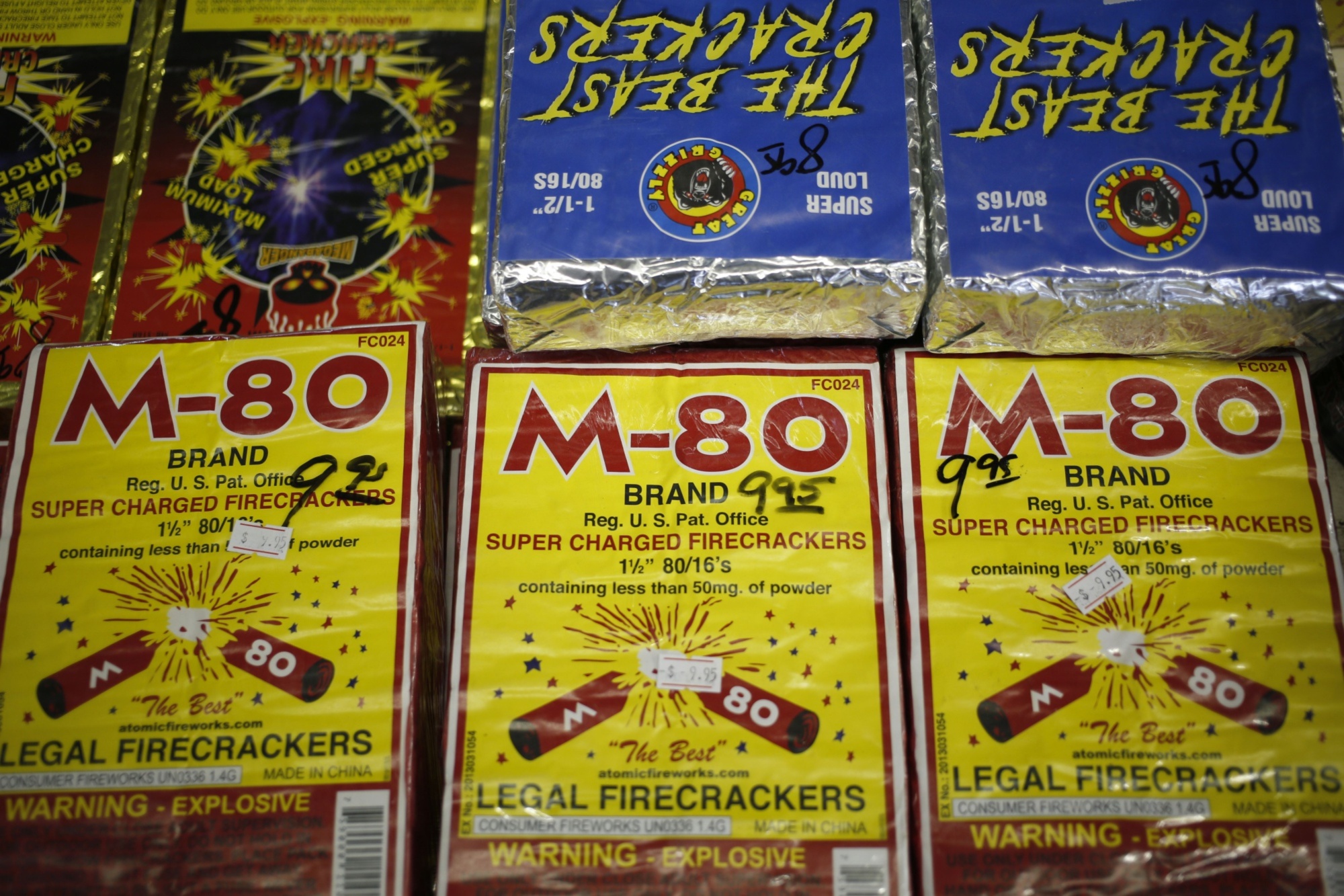 Firecrackers are displayed for sale at a fireworks store in Goodlettsville, Tennessee. The pyrotechnics industry is reporting banner sales in advance of the 4th of July holiday. And noise complaints over illegal displays are way up in many cities.&nbsp;