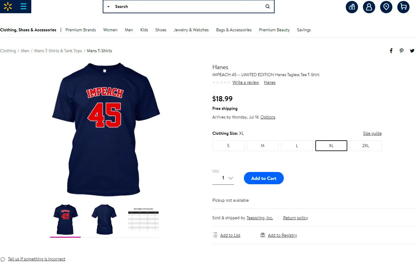 An "Impeach 45" shirt for sale on the Walmart website on July 3.