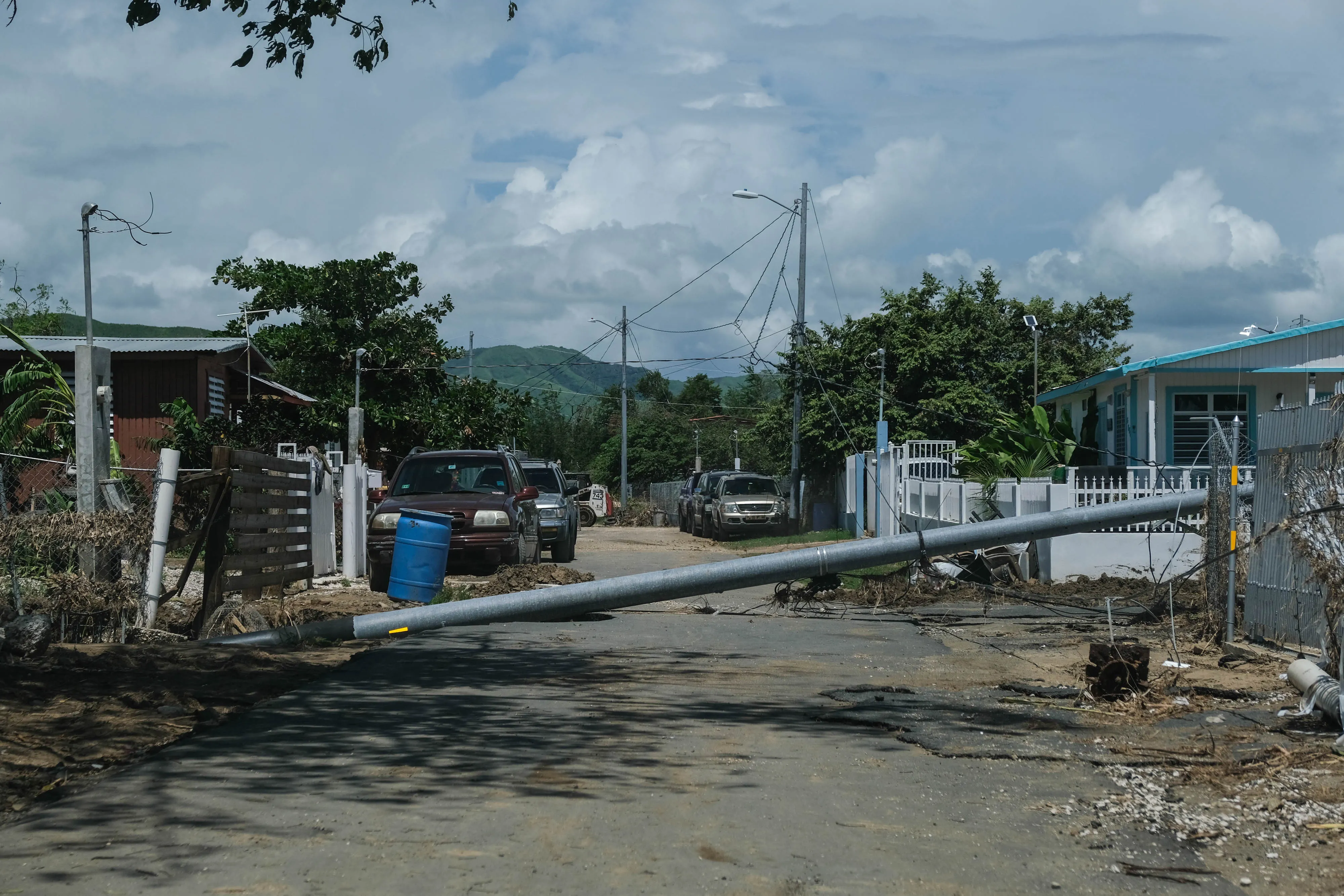 A utility pole lies in the middle of a street following Hurricane Fiona in Salinas, Puerto Rico, on&nbsp;Sept. 27.