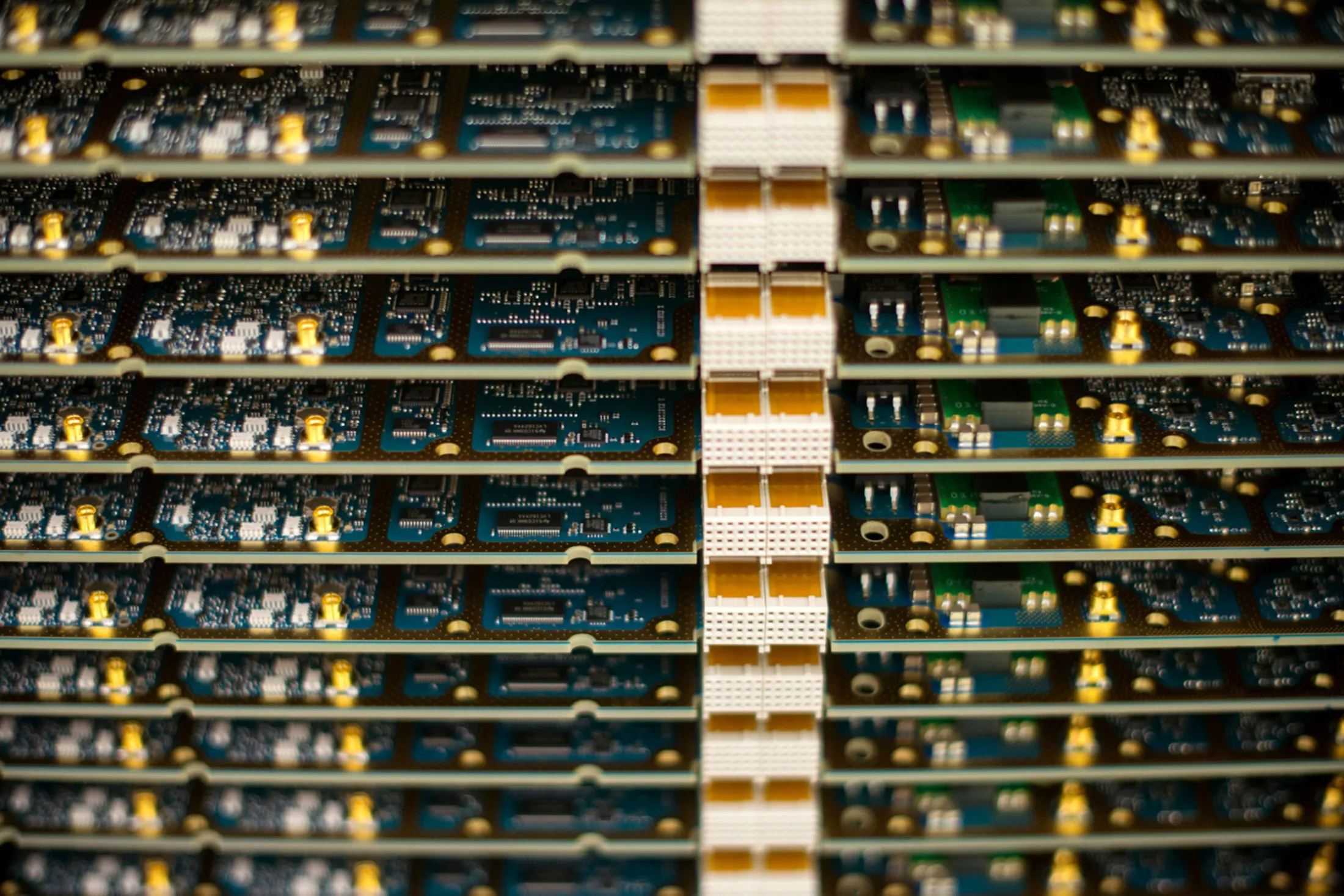 Circuit boards stand during production of 2G, 3G and 4G data networking devices at the company's factory in Tallinn.
