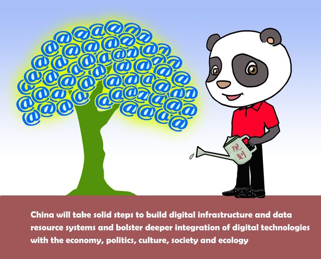 A cartoon panda, wearing a red polo shirt, black trousers and black shoes and holding a watering can, is watering a tree with a green trunk and blue @ symbols with a yellow glow around them for leaves.