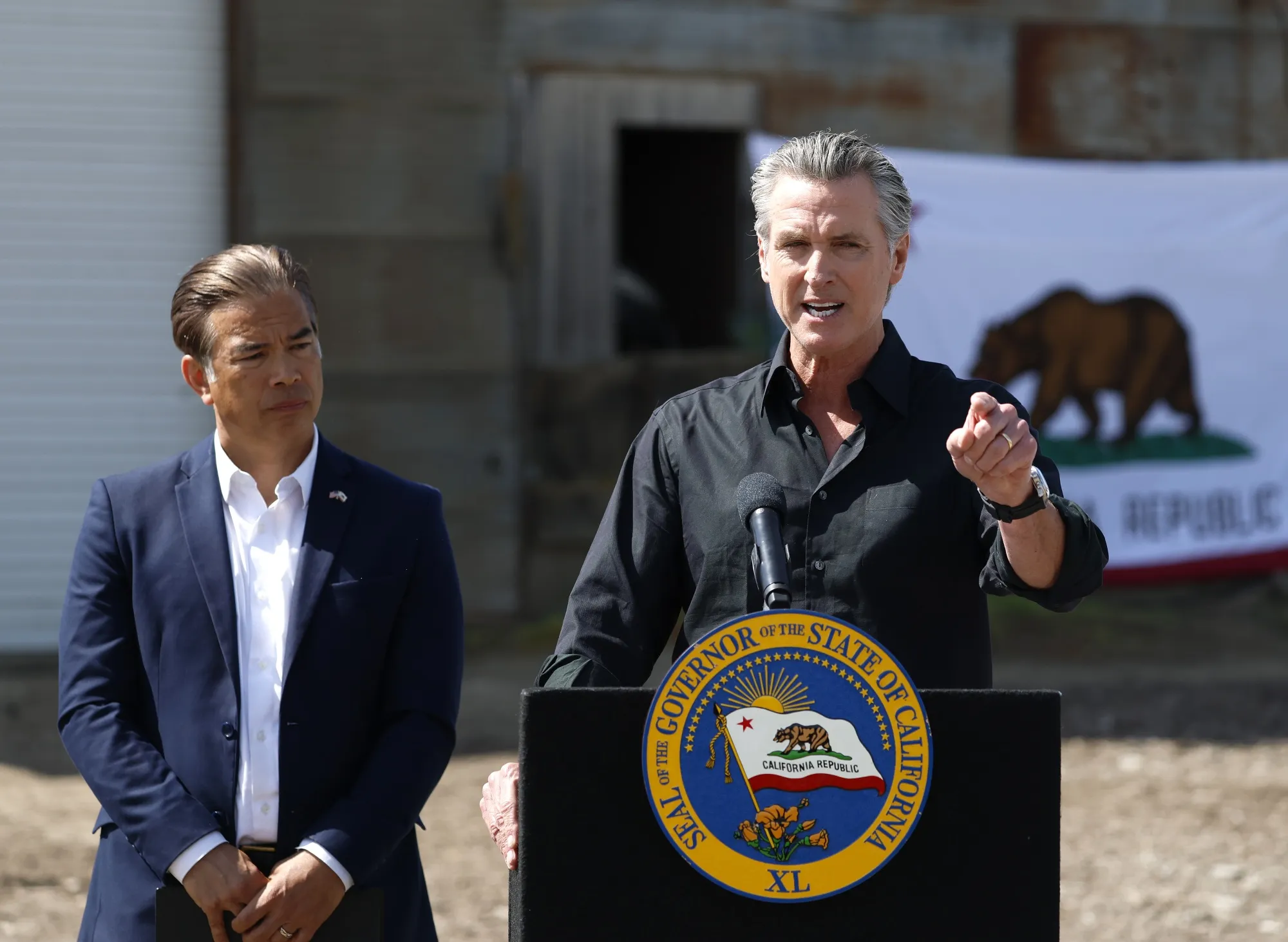 California Governor Gavin Newsom and California Attorney General Rob Bonta in Ceres, California, in April.