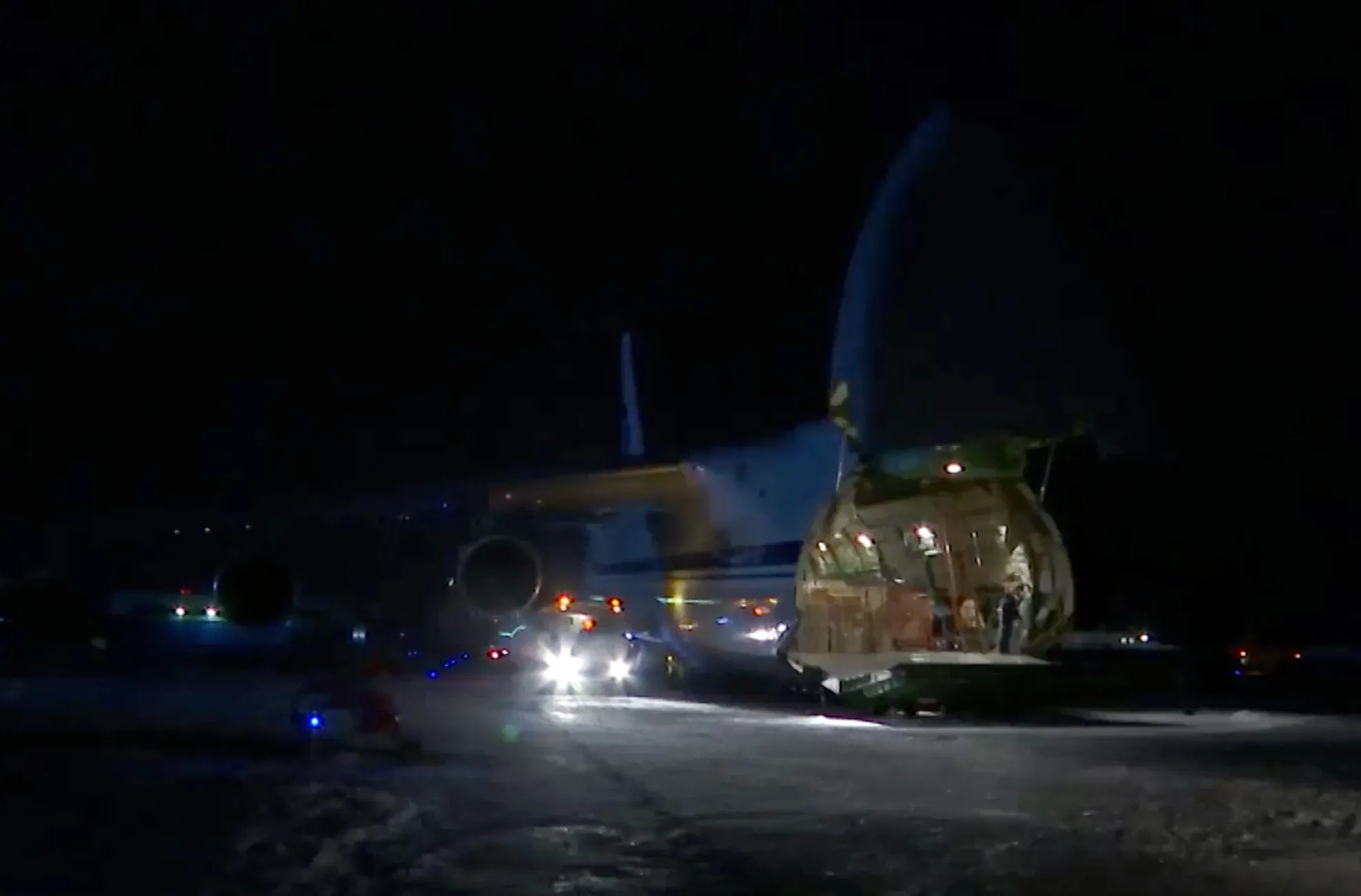 Medical equipment is loaded onto a Russian Defense Ministry cargo aircraft near Moscow, on April 1.