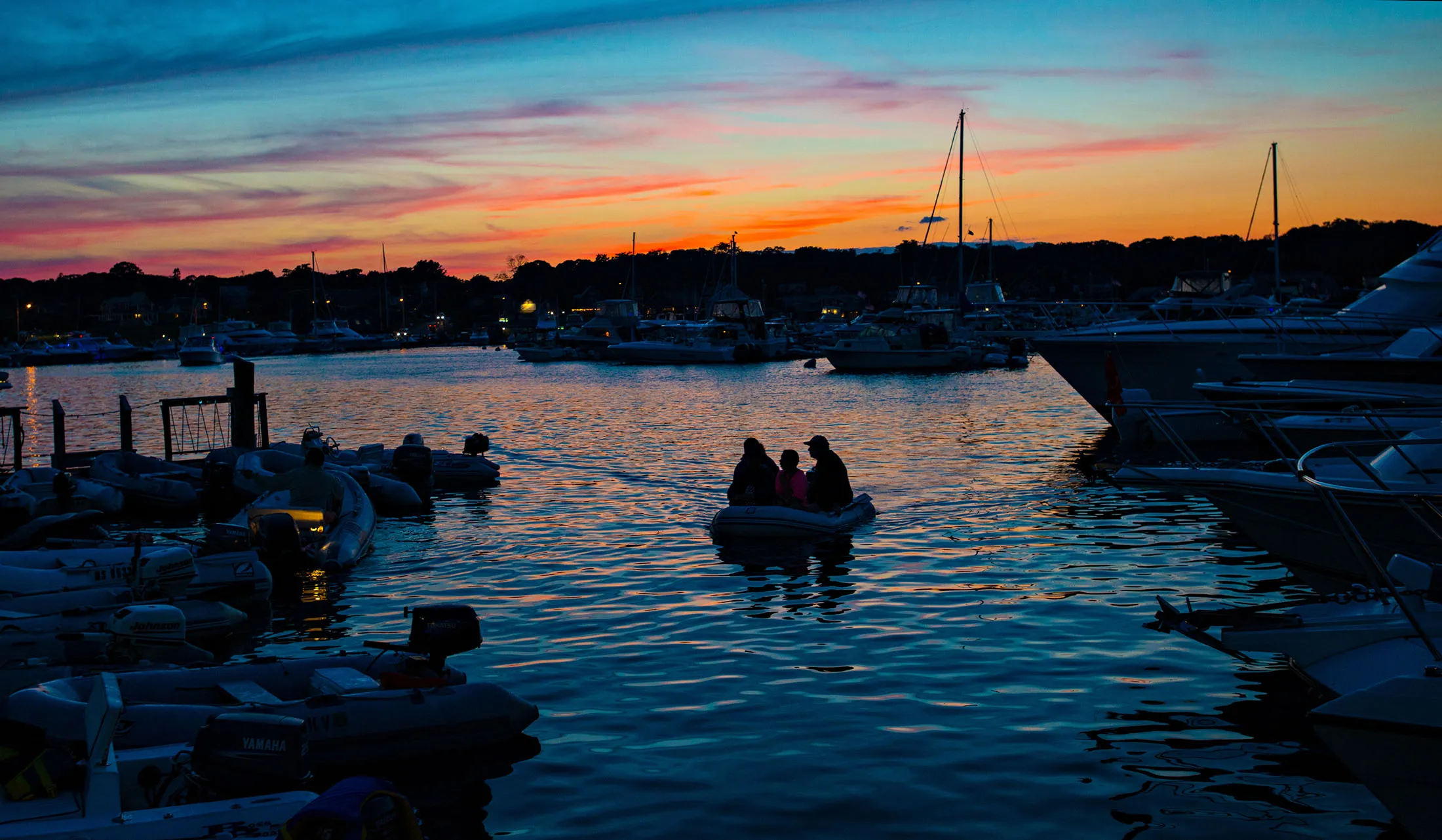 Sunset over Oak Bluffs harbor, on Martha's Vineyard, Massachusetts.
