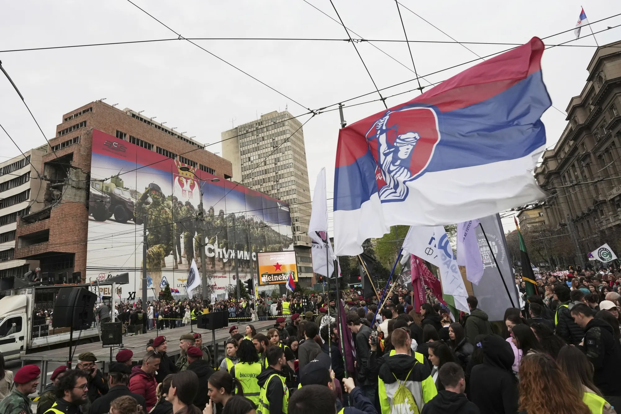 People take part in a protest rally&nbsp;against a real estate development project&nbsp;at the site of the former Yugoslav army headquarters in Belgrade, Serbia, on March 24.