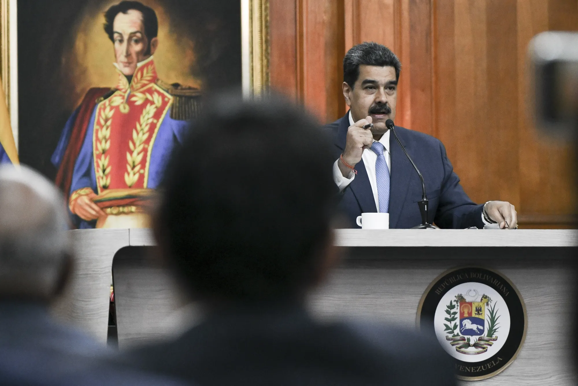 Nicolas Maduro speaks during a press conference at Miraflores Palace in Caracas.