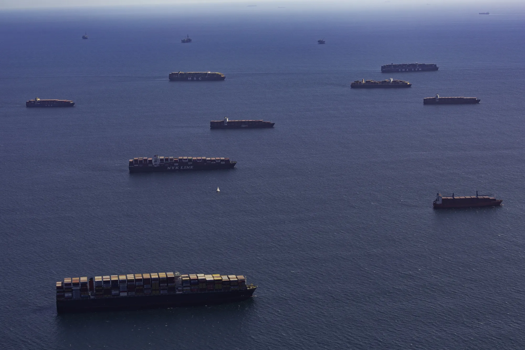 Container ships moored off the Los Angeles and Long Beach ports in California, in October.