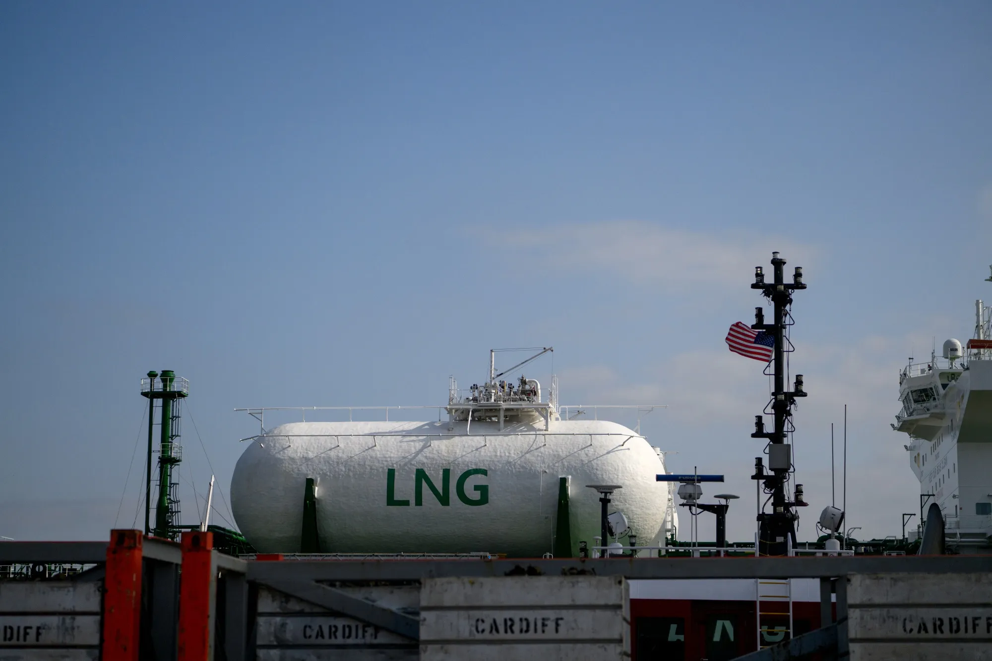 An LNG powered ship at the Bayport Container Terminal at the port of Houston in Seabrook, Texas.