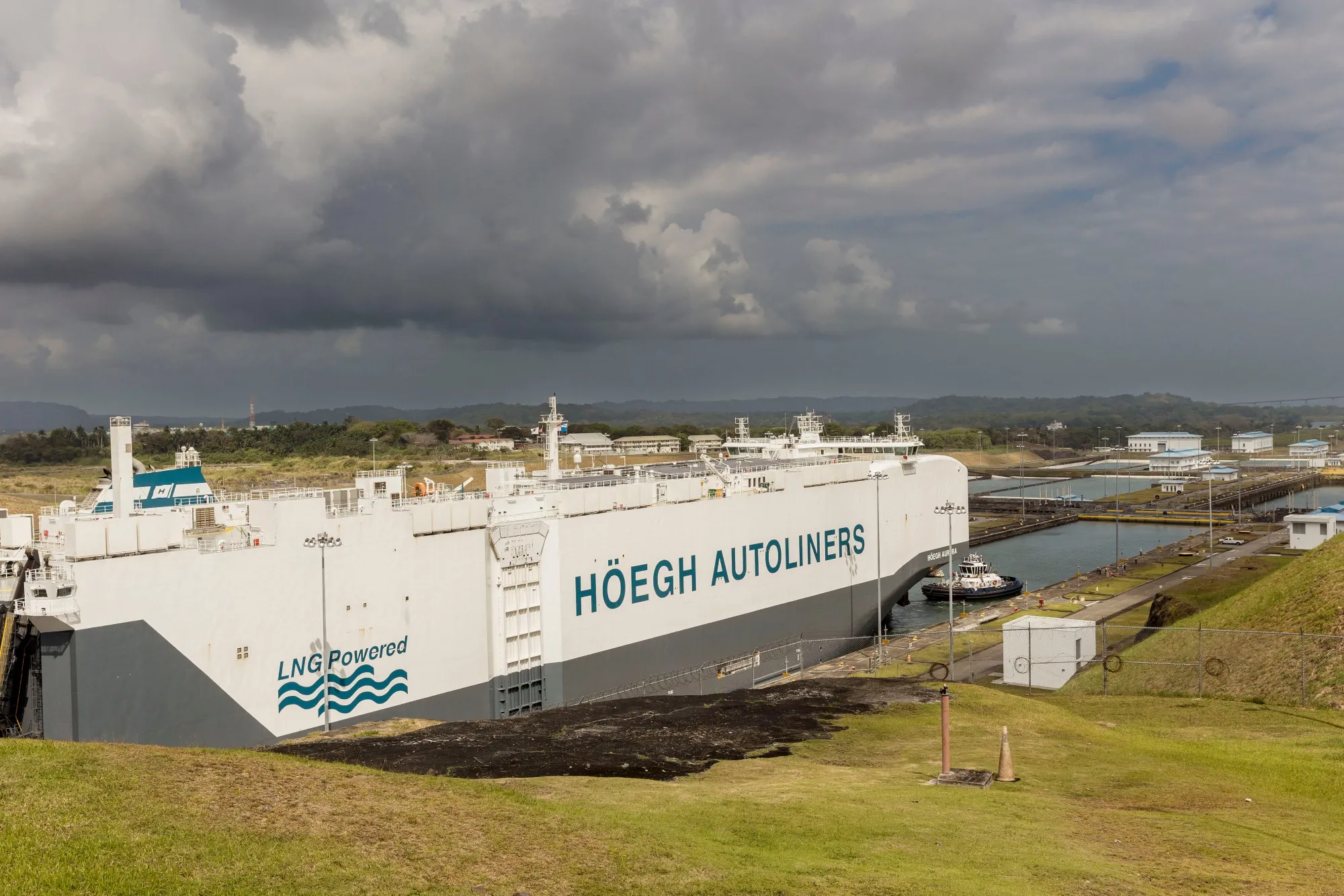 The Hoegh Autoliners ASA Aurora car and truck carrier crosses the Agua Clara Locks of the Panama Canal in Panama City.