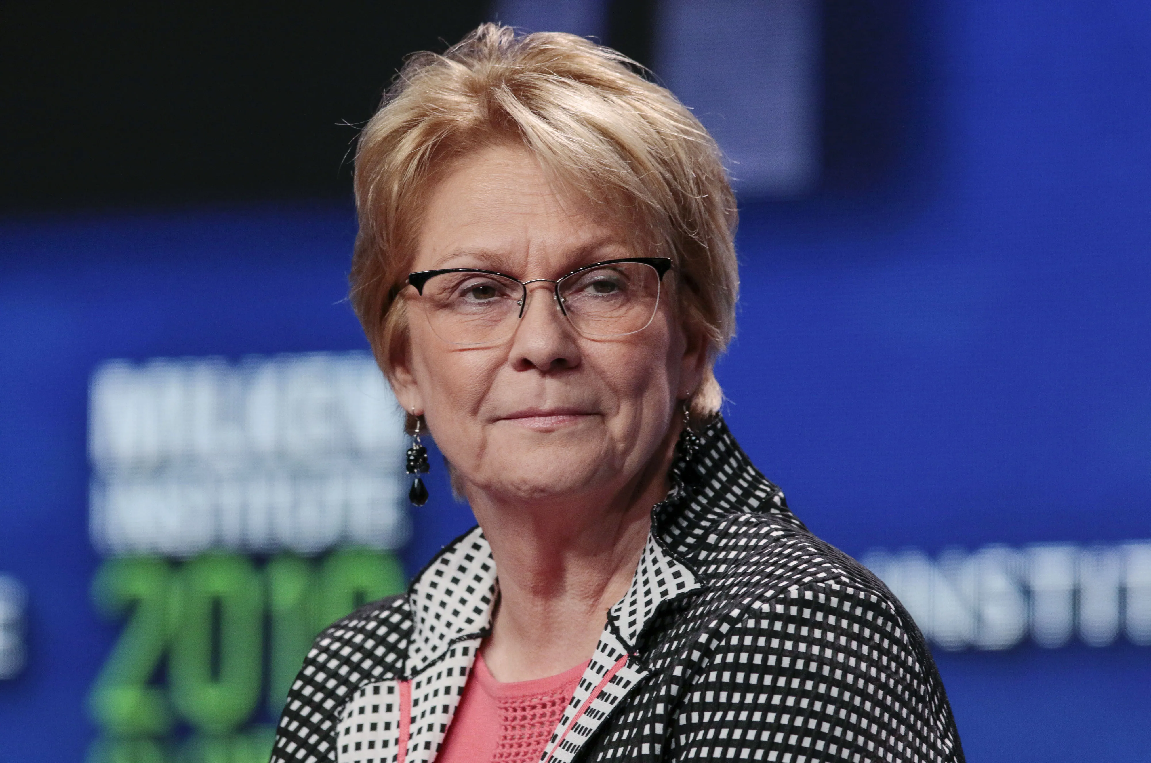 Vicki Hollub listens during the Milken Institute Global Conference in Beverly Hills.