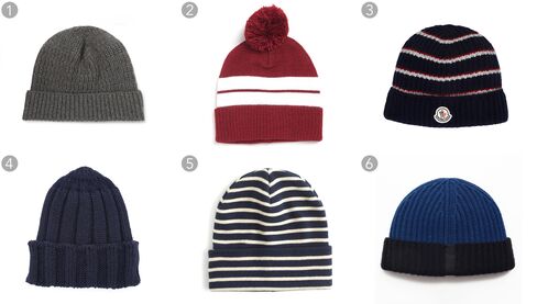 (1) Ribbed cashmere beanie, Lanvin, $335, mrporter.com; (2) Burgundy and off-white bobble beanie, Topman, $20, topman.com; (3) Striped rib-knit beanie, Moncler, $190, barneys.com; (4) Baby alpaca rib knit cap, Patrik Ervell, $120, eastdane.com; (5) Stripe beanie, J.Crew, $29.50, jcrew.com; (6) Blue/black cashmere hat, Ovadia & Sons, $165, ovadiaandsons.com