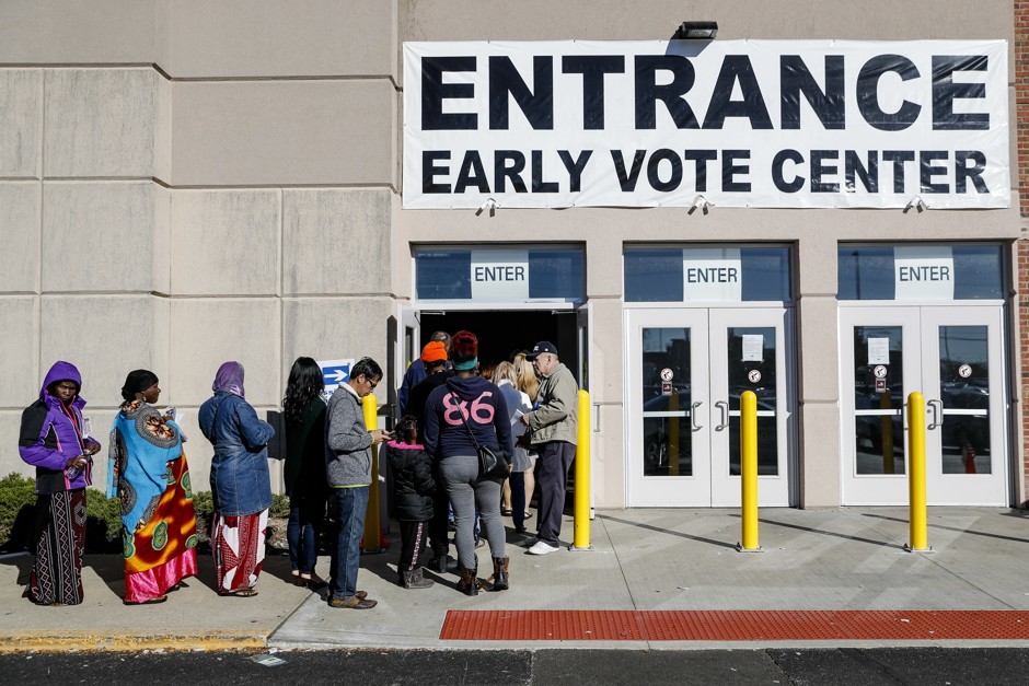 A line of early voters waits outside the Franklin County Board of Elections in Columbus, Ohio.  