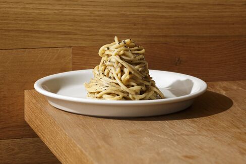 At Nishi in Manhattan, Pinsky subverts Italian formats with Asian ingredients such as this cacio e pepe made with chickpea miso.