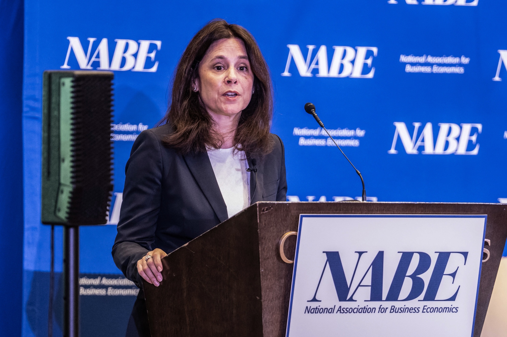 Lorie Logan, president of the Federal Reserve Bank of Dallas, speaks on Monday, Oct. 9. She and other Fed officials have been delivering&nbsp;the same message: the bond market is doing the central bank’s heavy lifting.&nbsp;