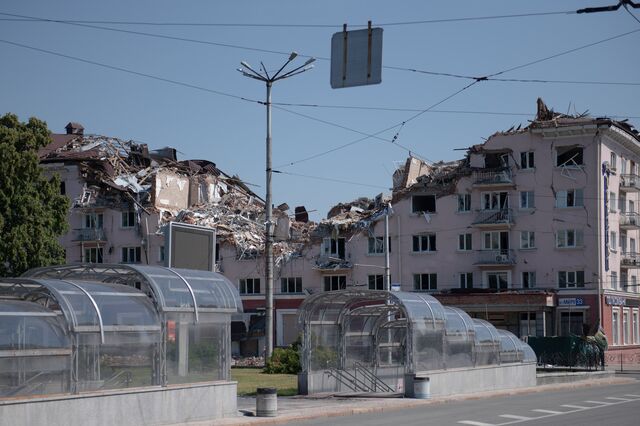 Bombed residential building in the center of Chernihiv in Chernihiv, Ukraine, on Monday, July 4, 2022.