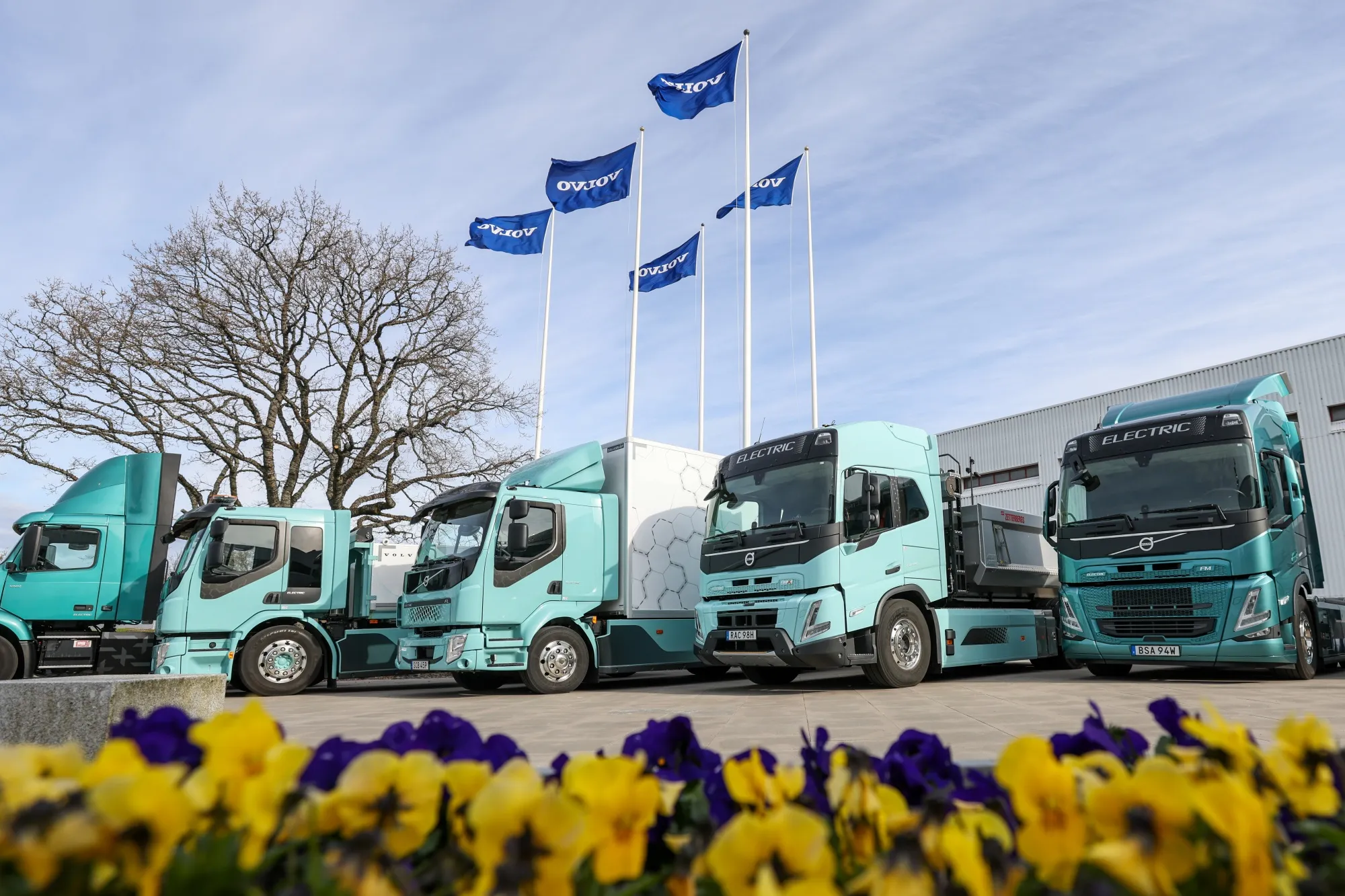 Electric trucks outside the Volvo Trucks Tuve plant in Gothenburg, Sweden.