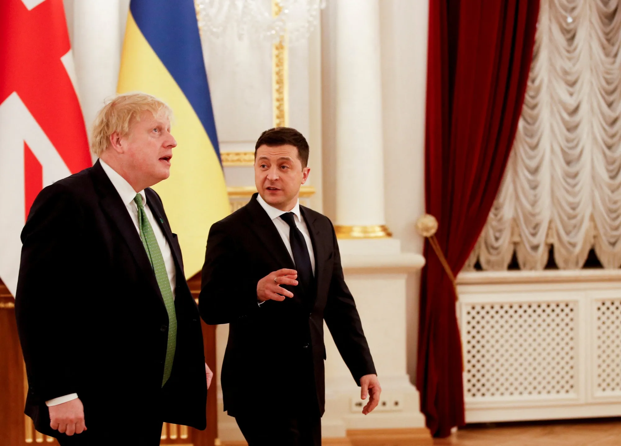 Boris Johnson and Volodymyr Zelenskiy in in Kyiv, on Feb. 1, 2022.
