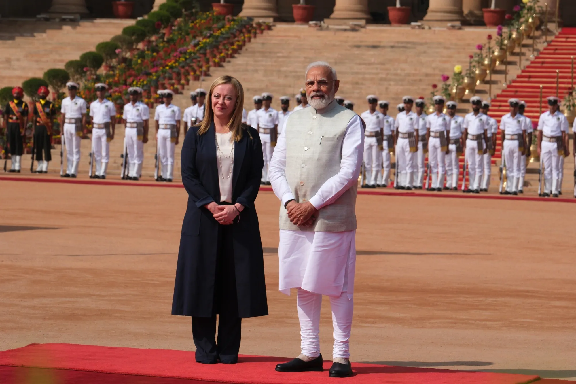 Giorgia Meloni and Narendra Modi during the ceremonial reception at the presidential palace in New Delhi, India, on March 2.