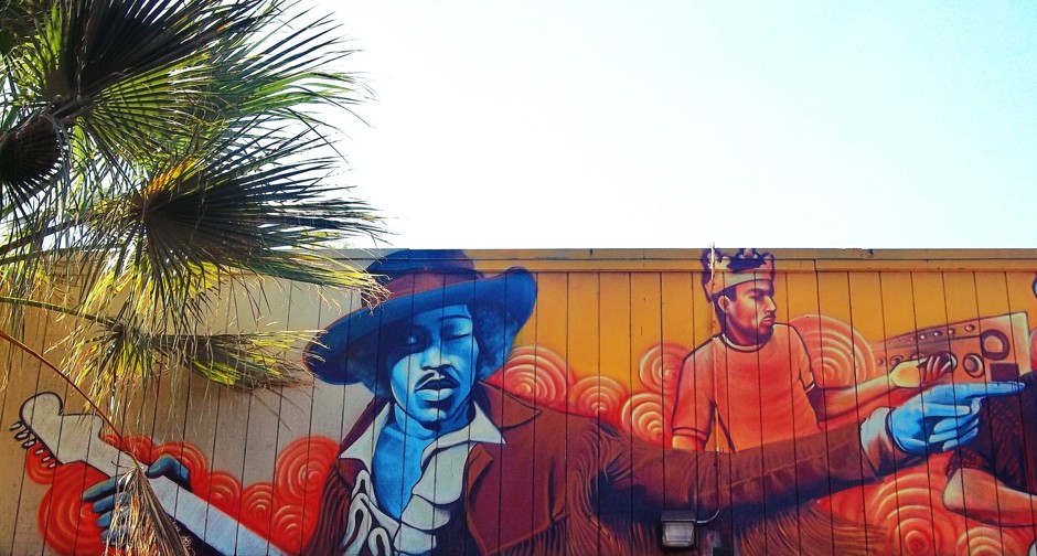 This mural at 16th & Broadway in Sacramento, California depicts Jimi Hendrix. Broadway is a storied street with a complex role in Sacramento's evolution.
