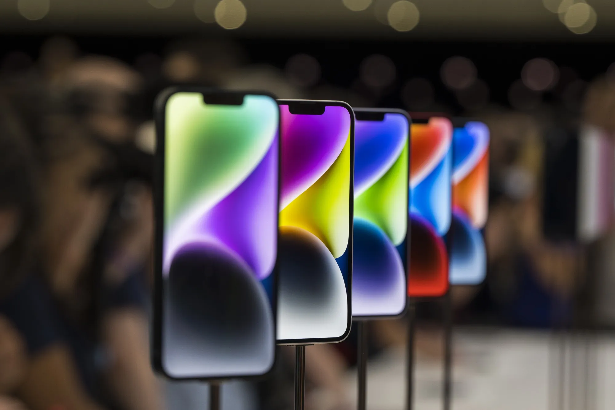 A display of Apple iPhone 14 smartphones.