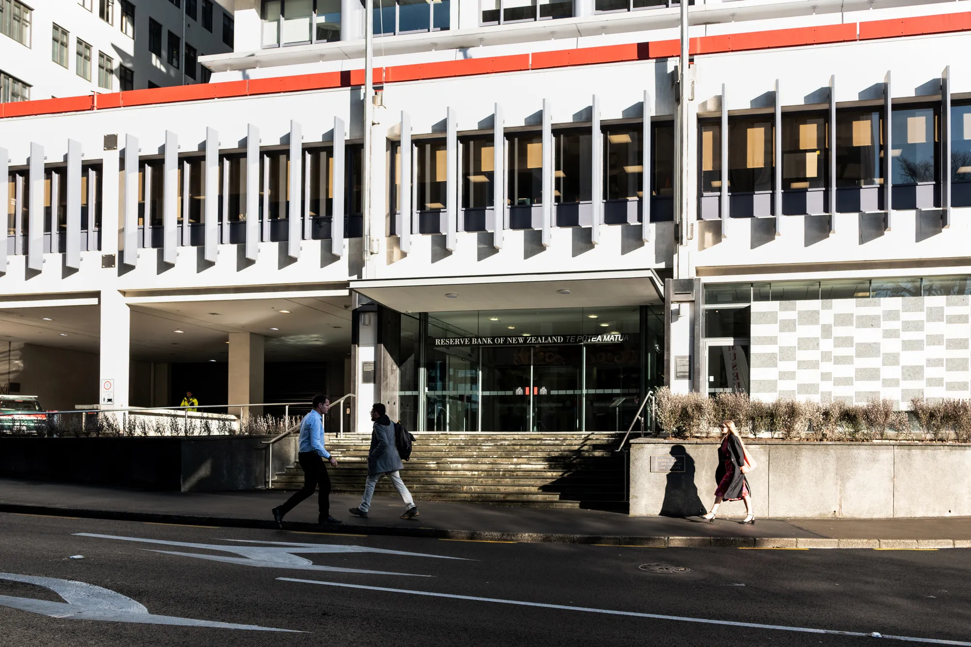 Outside the Reserve Bank of New Zealand (RBNZ) headquarters in Wellington, New Zealand.