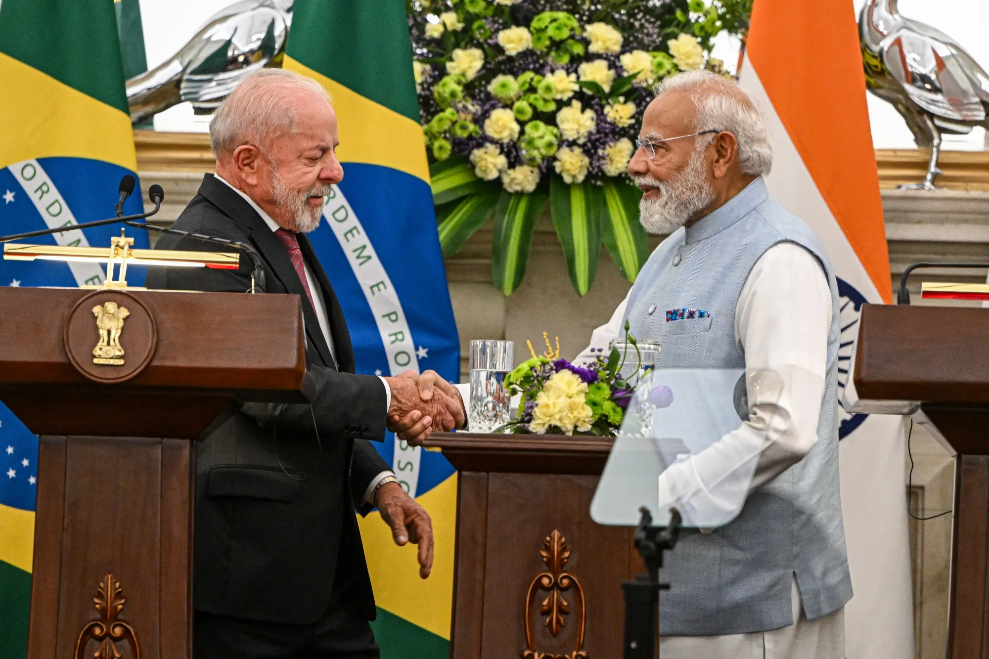 Luiz Inacio Lula da Silva and&nbsp;Narendra Modi,&nbsp;in New Delhi, on Feb. 21.