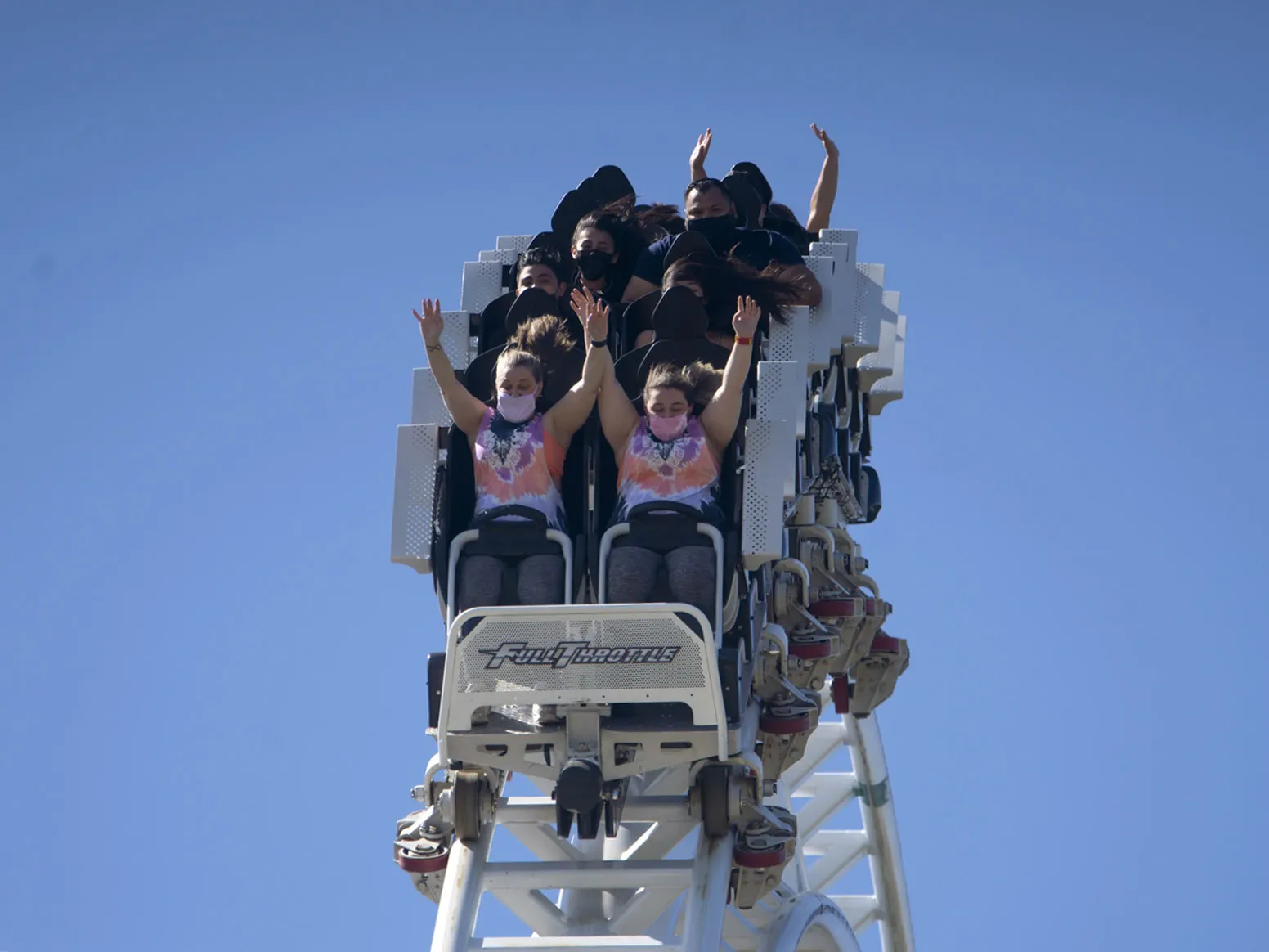 Visitors ride on the 'Full Throttle' roller coaster at the Six Flags Magic Mountain theme park in Valencia, Calif. on&nbsp;April 1.&nbsp;