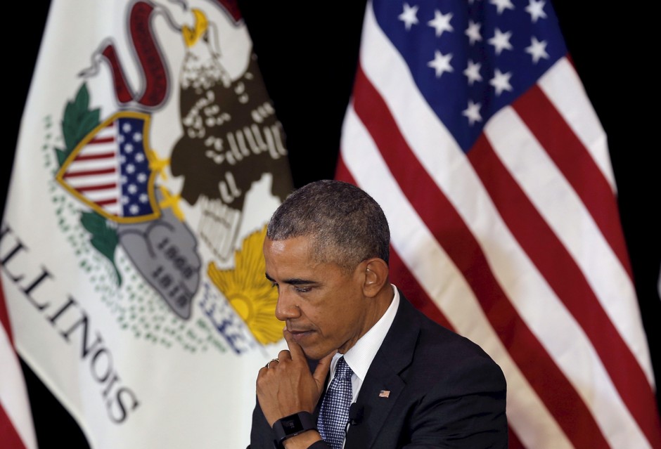 U.S. President Barack Obama listens to remarks at the University of Chicago Law School in Chicago, Illinois.