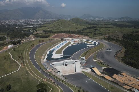 Deodoro Olympic Park showing the canoe slalom circuit, center, and BMX circuit, right.
