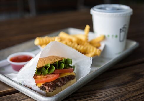 A ShackBurger, French fries, and soft drink at a Shake Shack location in Bridgewater, N.J.
