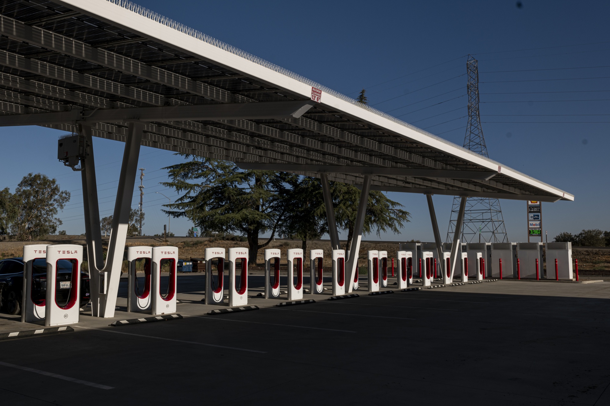 A Tesla Supercharger station in Firebaugh, California.