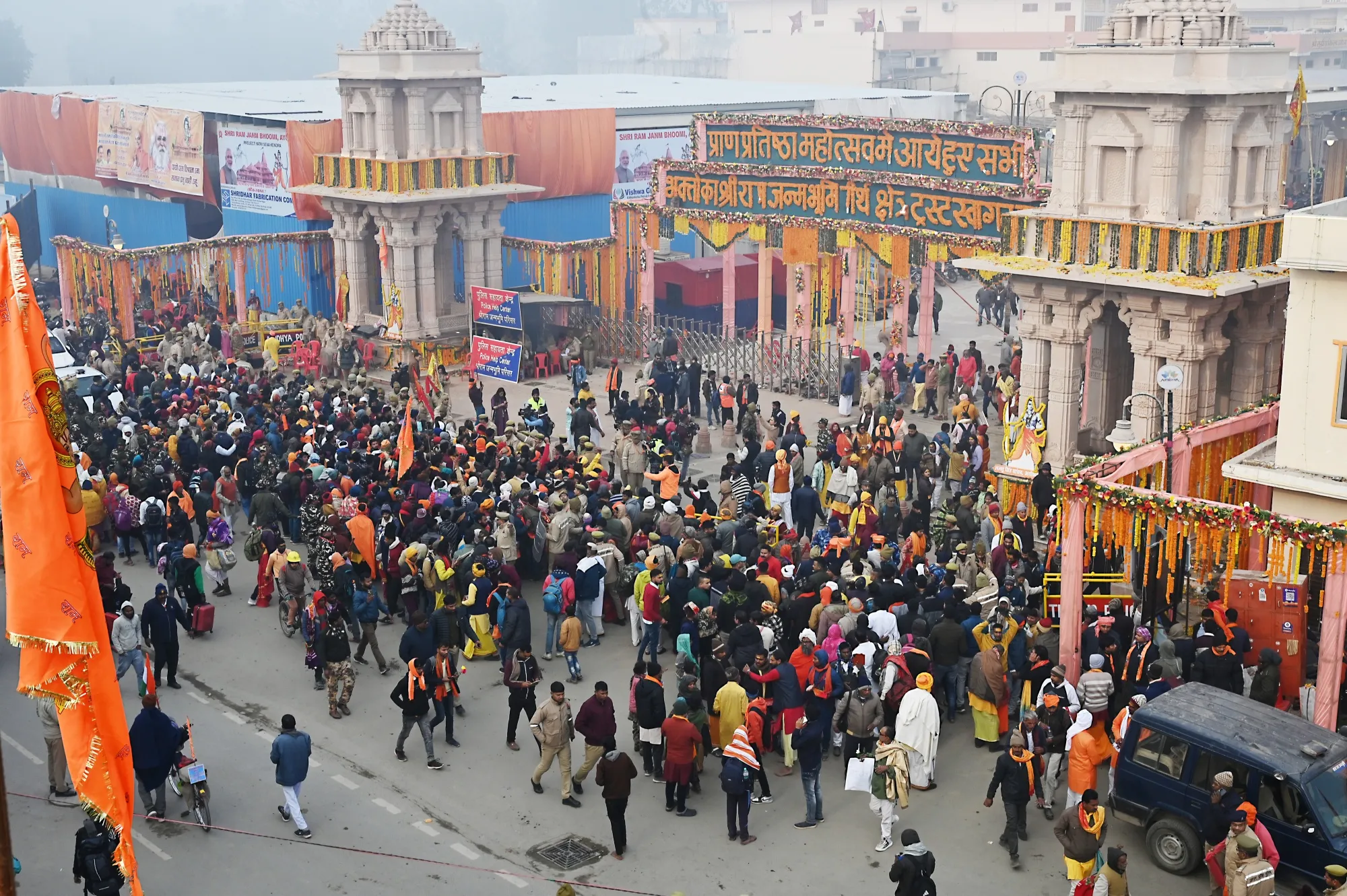 Devotees wait to enter the Ram temple on the first day after its inauguration in Ayodhya, Uttar Pradesh, India, on Jan. 23.