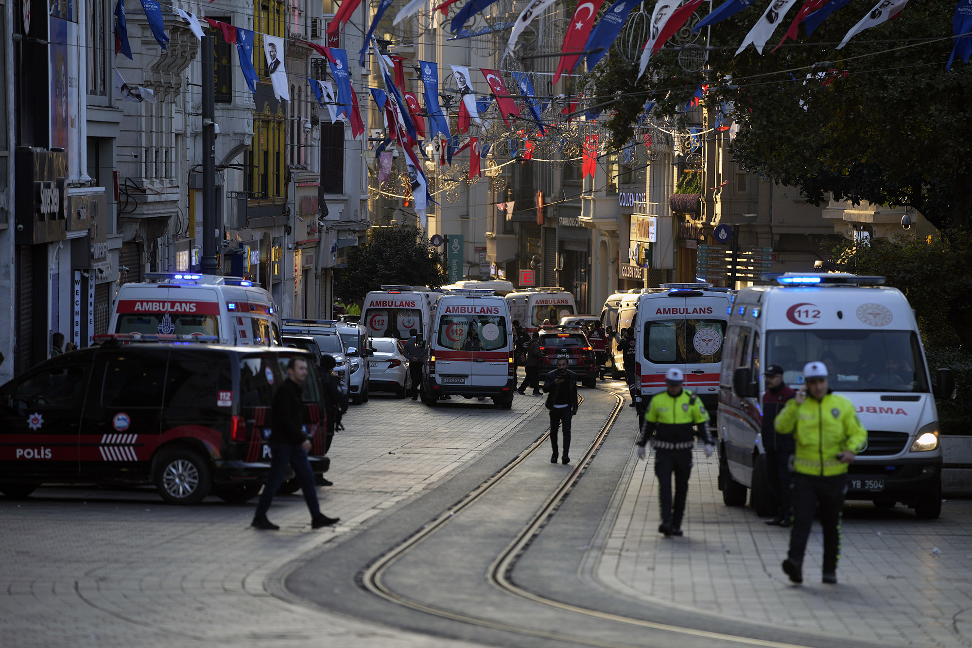 Police vehicles and ambulances on&nbsp;Istiklal Avenue in Istanbul, Turkey, Nov. 13.