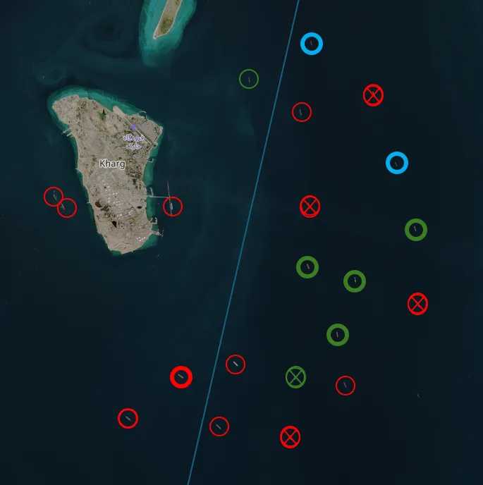 Oil tankers around Iran’s Kharg Island oil terminal on Feb. 20, 2026. Tankers circled in bold were unmoved from Feb. 15. Tankers with a cross through have departed since Feb. 15.