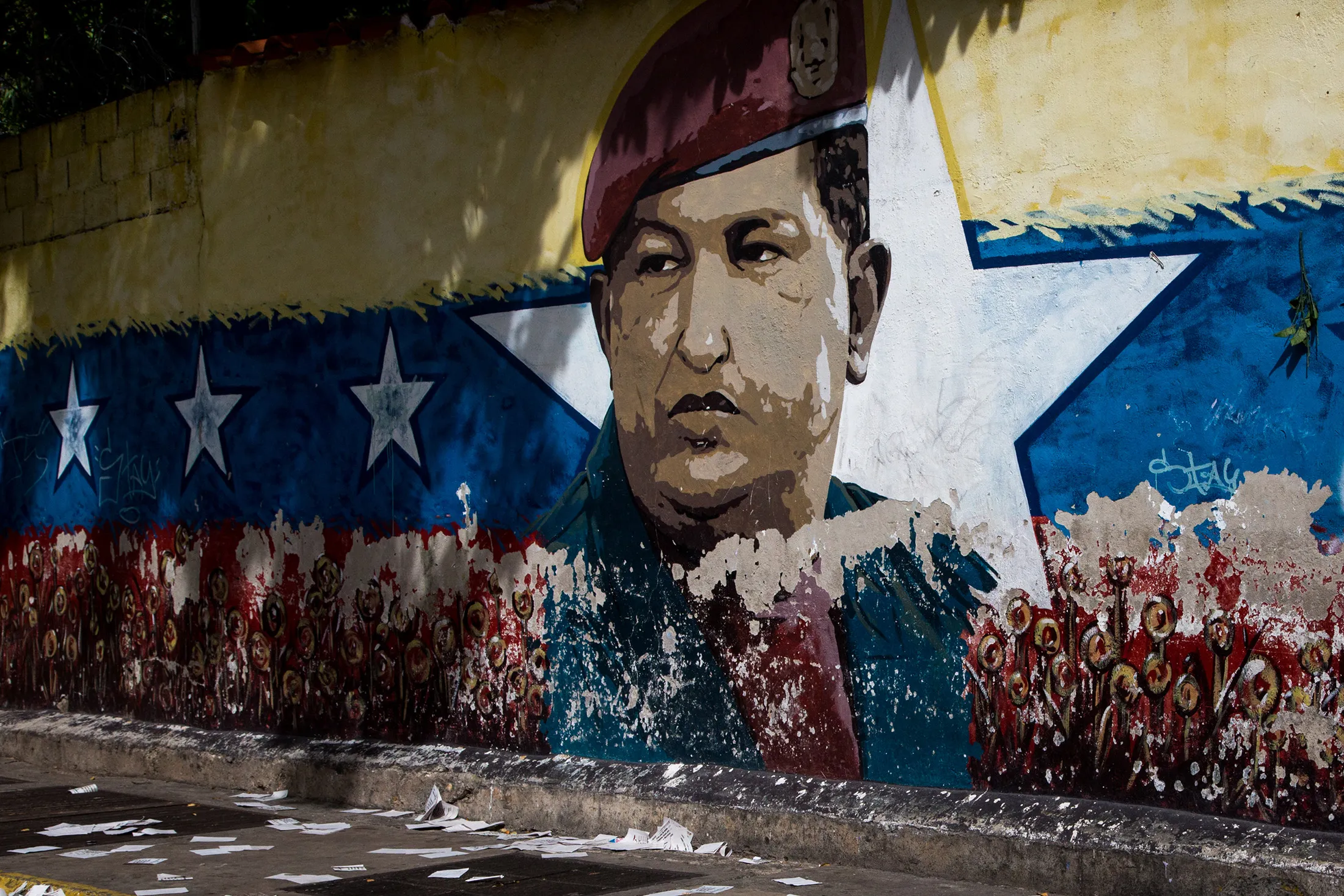 A mural depicting the image of late Venezuelan president Hugo Chavez is seen in Caracas.